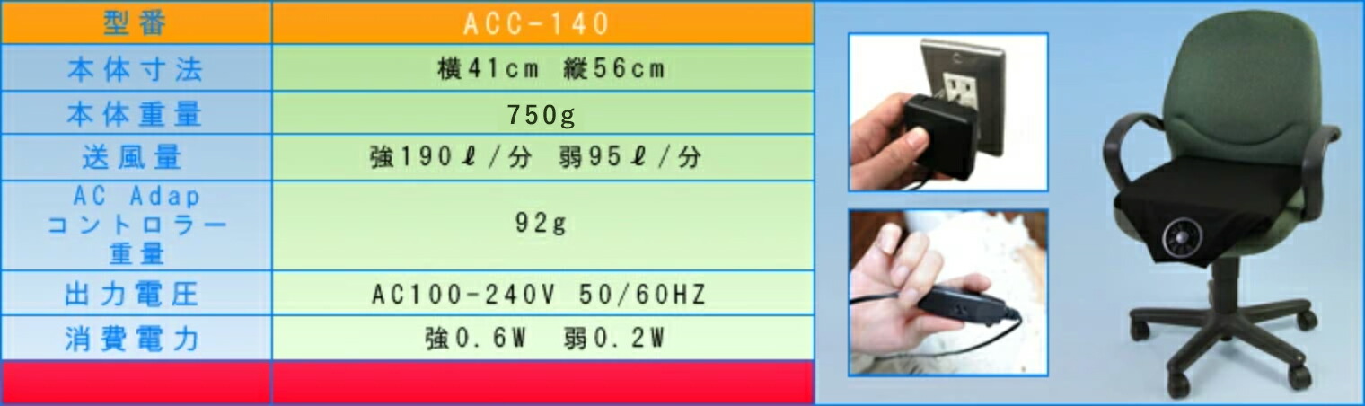 空調ざぶとんシリーズエアクールクッションACC140の仕様イメージ