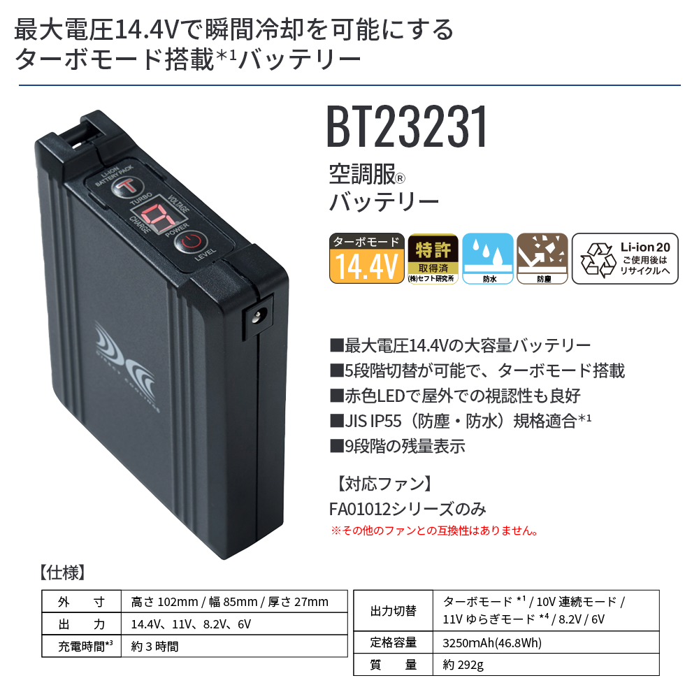 株式会社セフト研究所 　SK23021ファン バッテリー　空調服セットLLサイズ 空調服™ SK23021 14.4Vスタートキット（差口円形