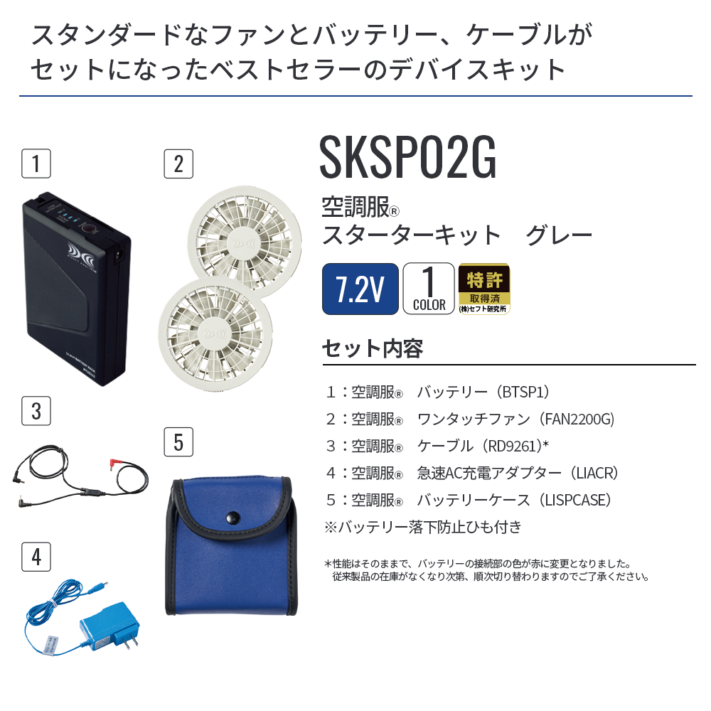 空調服 スターターキット グレー SKSP02G 空調服デバイス SKSP02G 空調服®ｽﾀｰﾀｰｷｯﾄ 7.2V【ｸﾞﾚｰ】