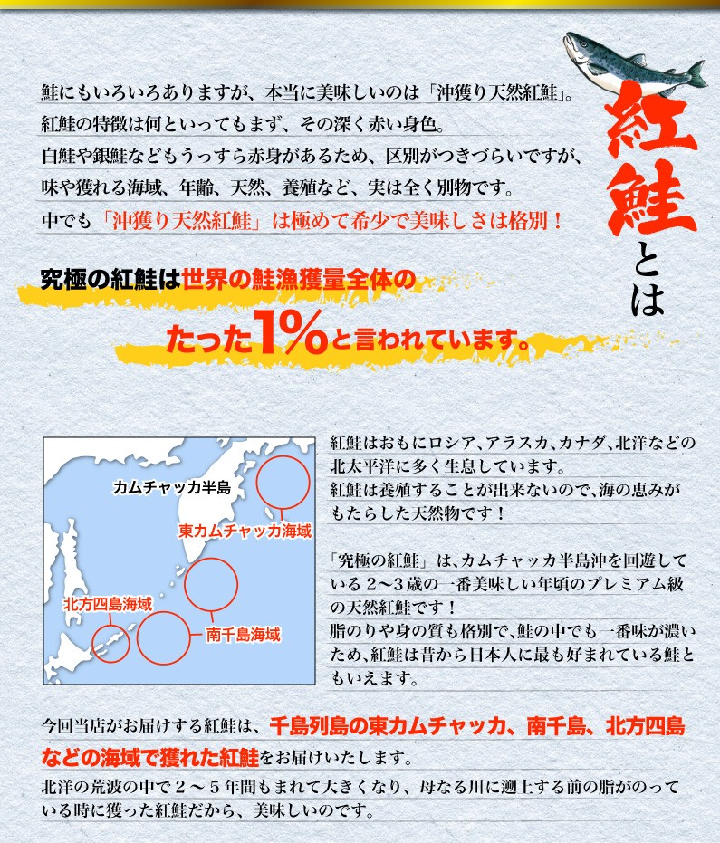 紅鮭とは　究極の紅鮭は、世界の鮭漁獲量全体の中のたった1％！