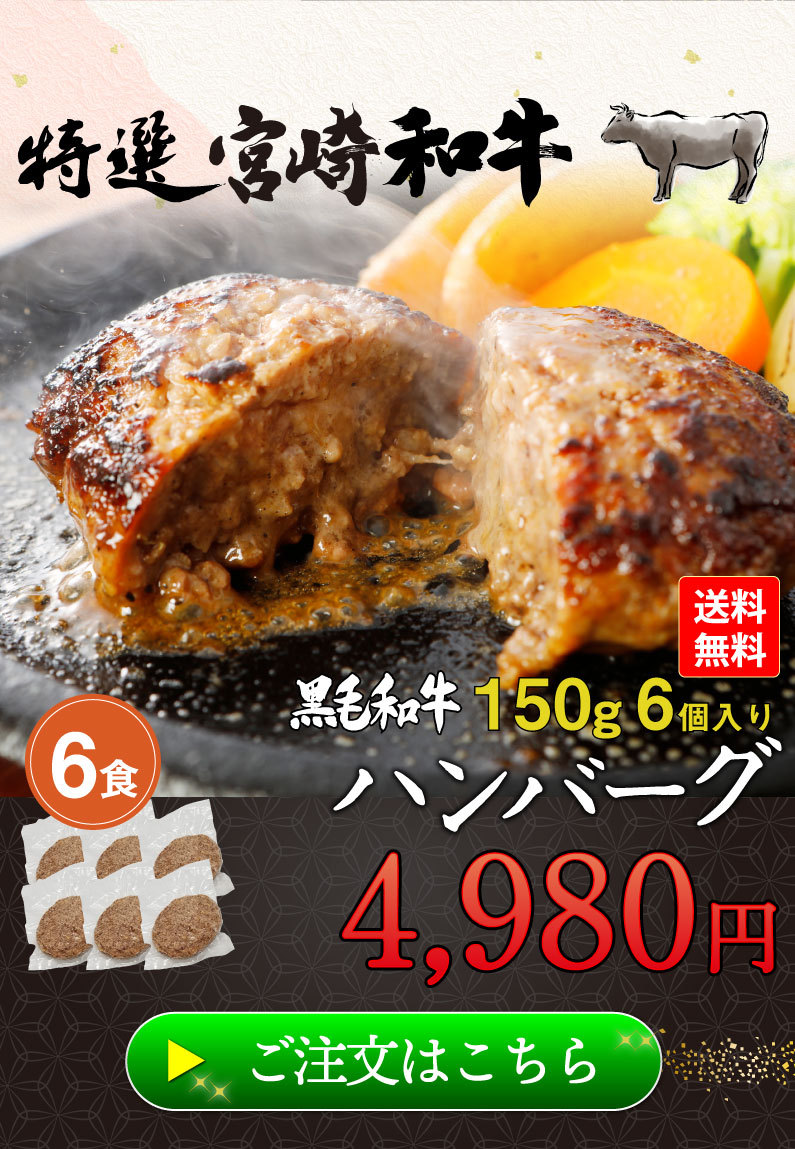 ギフト ハンバーグ 黒毛和牛100% 150g×6食セット 宮崎県産 送料無料 真空パック 小分け 贈答品 クール  :ghbg06:くいしんぼうドットコム - 通販 - Yahoo!ショッピング