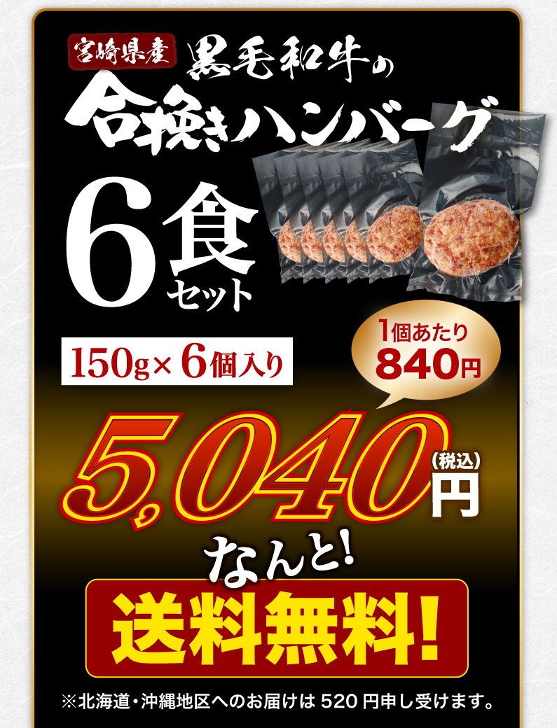 宮崎県産黒毛和牛の合挽きハンバーグ 6食セット 送料無料！