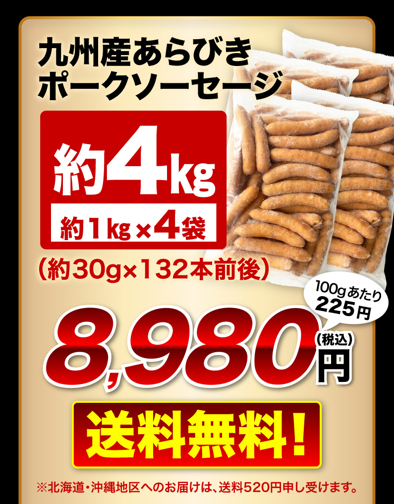 九州産あらびきポークソーセージ 約4kg 送料無料！