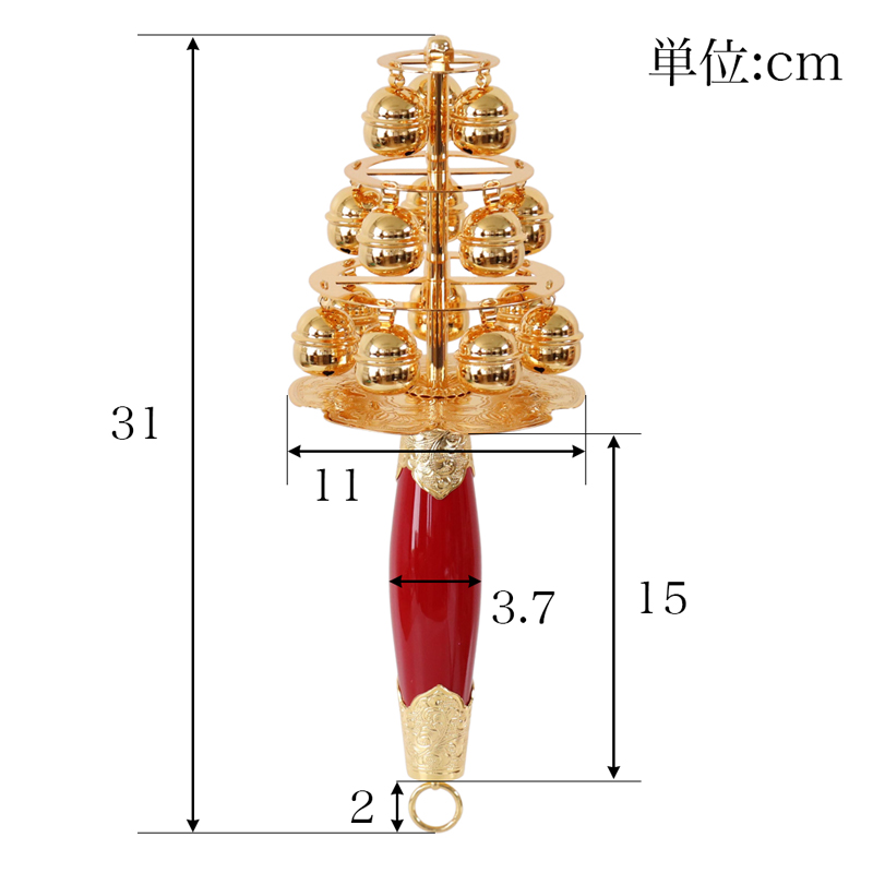 神楽鈴 板付き 十字形型 全長31cm 本金メッキ かぐら鈴 三番叟鈴 日本