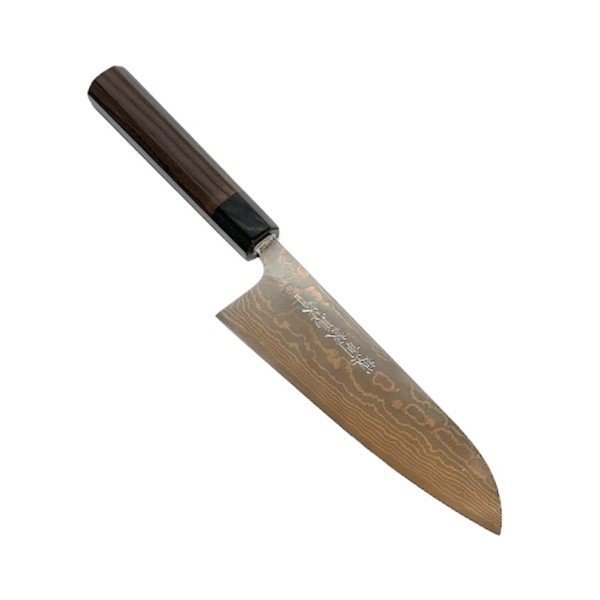 越前数馬作 青二鋼 有色17層ダマスカス 宝刀8 三徳包丁180mm 紫檀八角