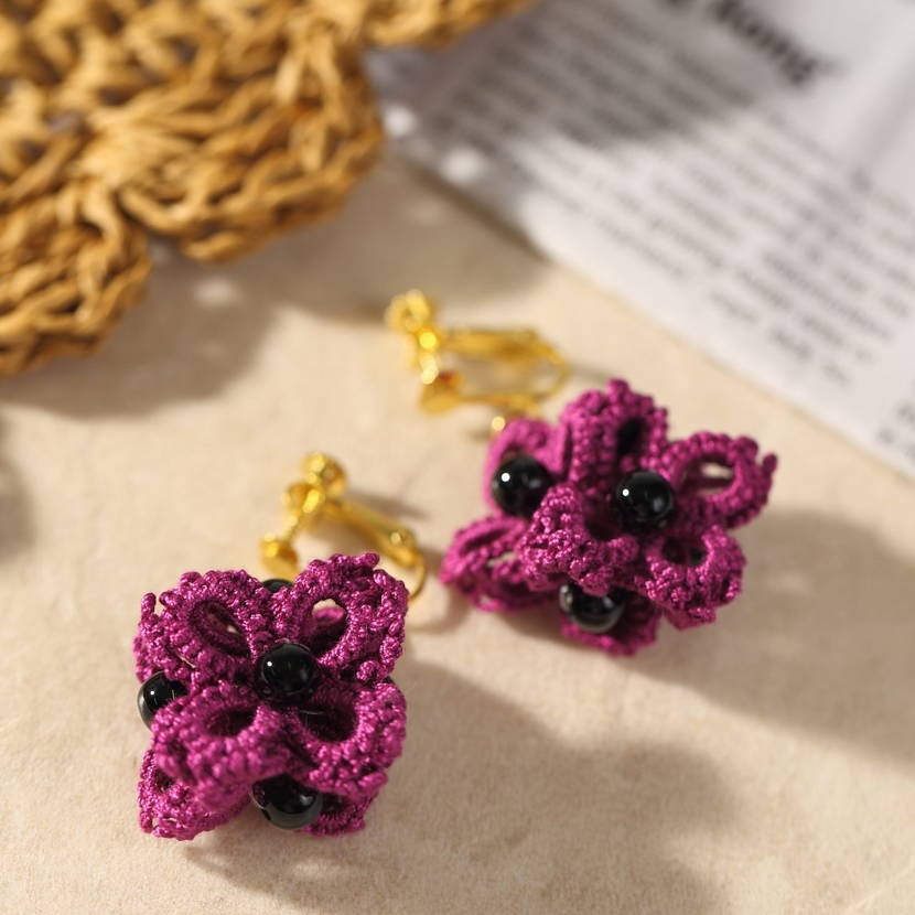 花モチーフイヤリング パワーストーン レース パールビーズ イヤリング