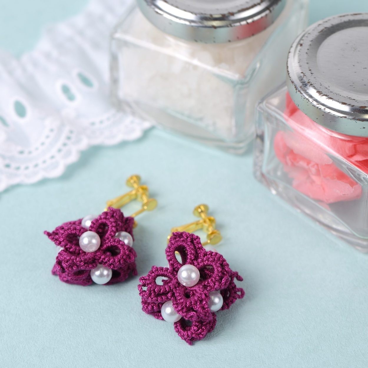 花モチーフイヤリング パワーストーン レース ホワイトジェイド イヤリング