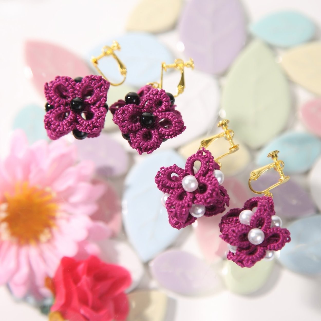 花モチーフイヤリング パワーストーン レース パールビーズ イヤリング
