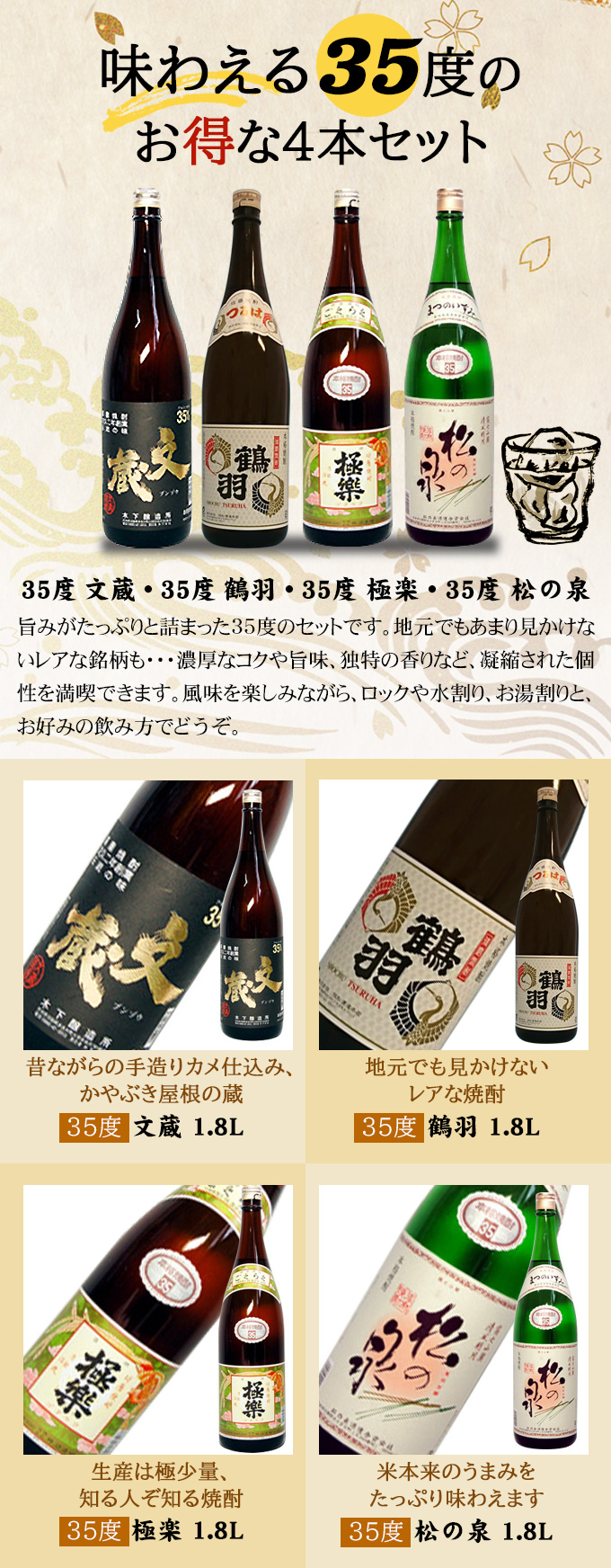 35度 文蔵・35度 鶴羽・35度 極楽・35度 松の泉 米焼酎 1.8Lが4本