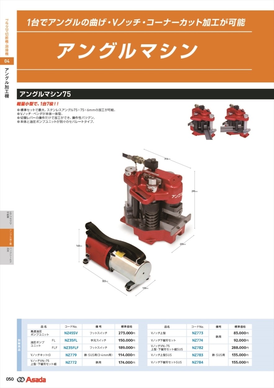 アサダ 【アングルマシン別販売品】 Vノッチ下替刃セットSUS NZ784