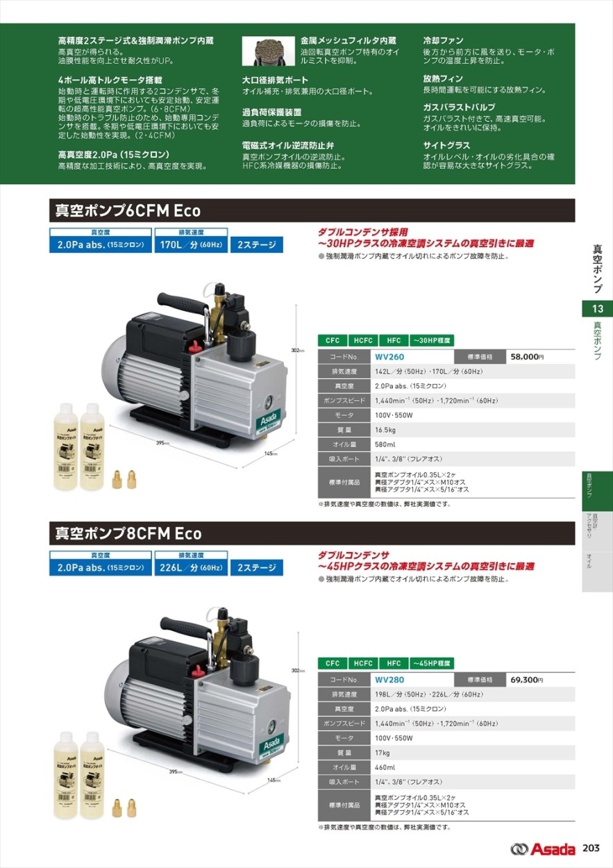 アサダ 真空ポンプ 8CFM Eco WV280 - 三田 アウトレット