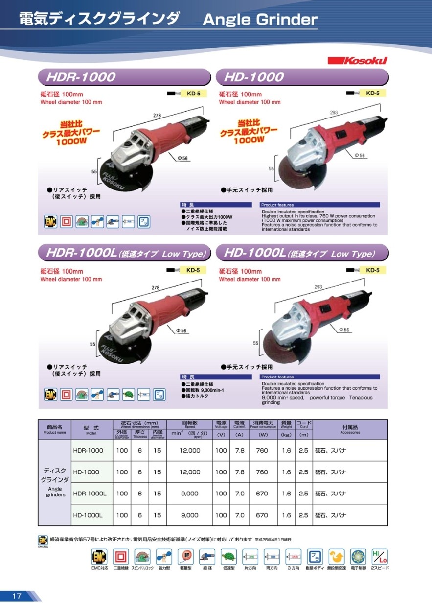 富士製砥 電気ディスクグラインダ 100mm (低速タイプ) HDR-1000L