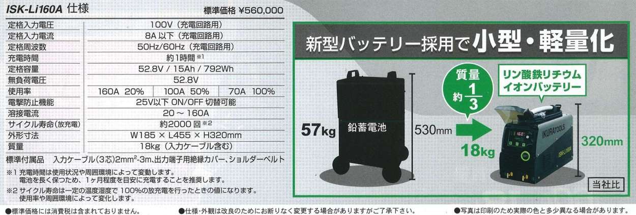 育良精機(イクラ) ポータブルバッテリー溶接機 ライトアーク ISK-Li160A (納期問合せ) :35806:クニモトハモノヤフー店 - 通販 -  Yahoo!ショッピング