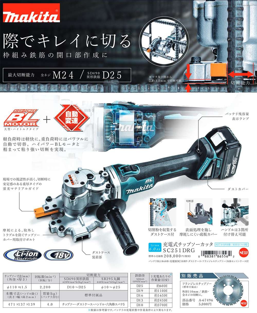 マキタ(makita) 充電式チップソーカッター SC251DRG 18V 6.0Ah : 47725 : クニモトハモノヤフー店 - 通販 -  Yahoo!ショッピング