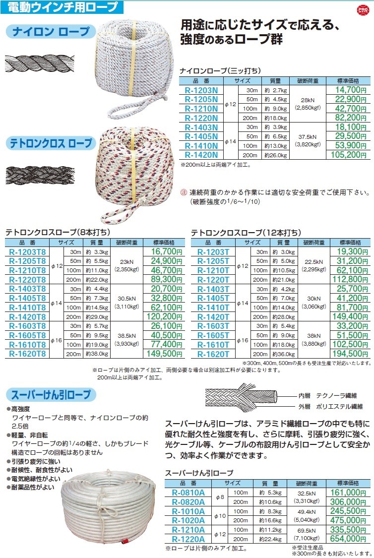 マーベル 電動ウインチ用ロープ ナイロンロープ(三ッ打ち) φ12/300m R