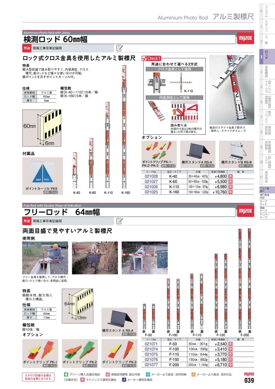 店舗展示処分品 マイゾックス K-60 アルミ製標尺 検測ロッド 60mm幅