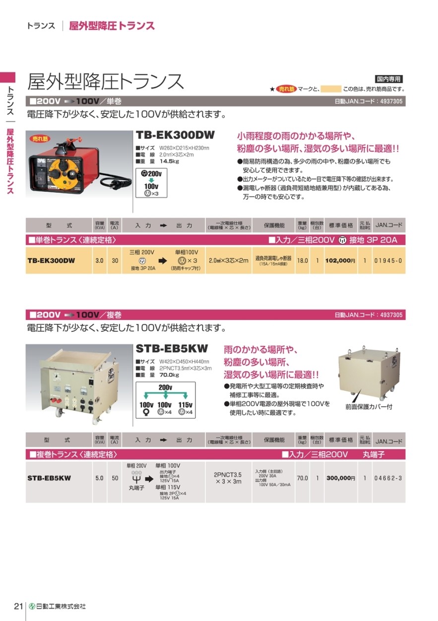 春早割 日動工業 屋外型降圧トランス TB-EK300DW copycatguate.com