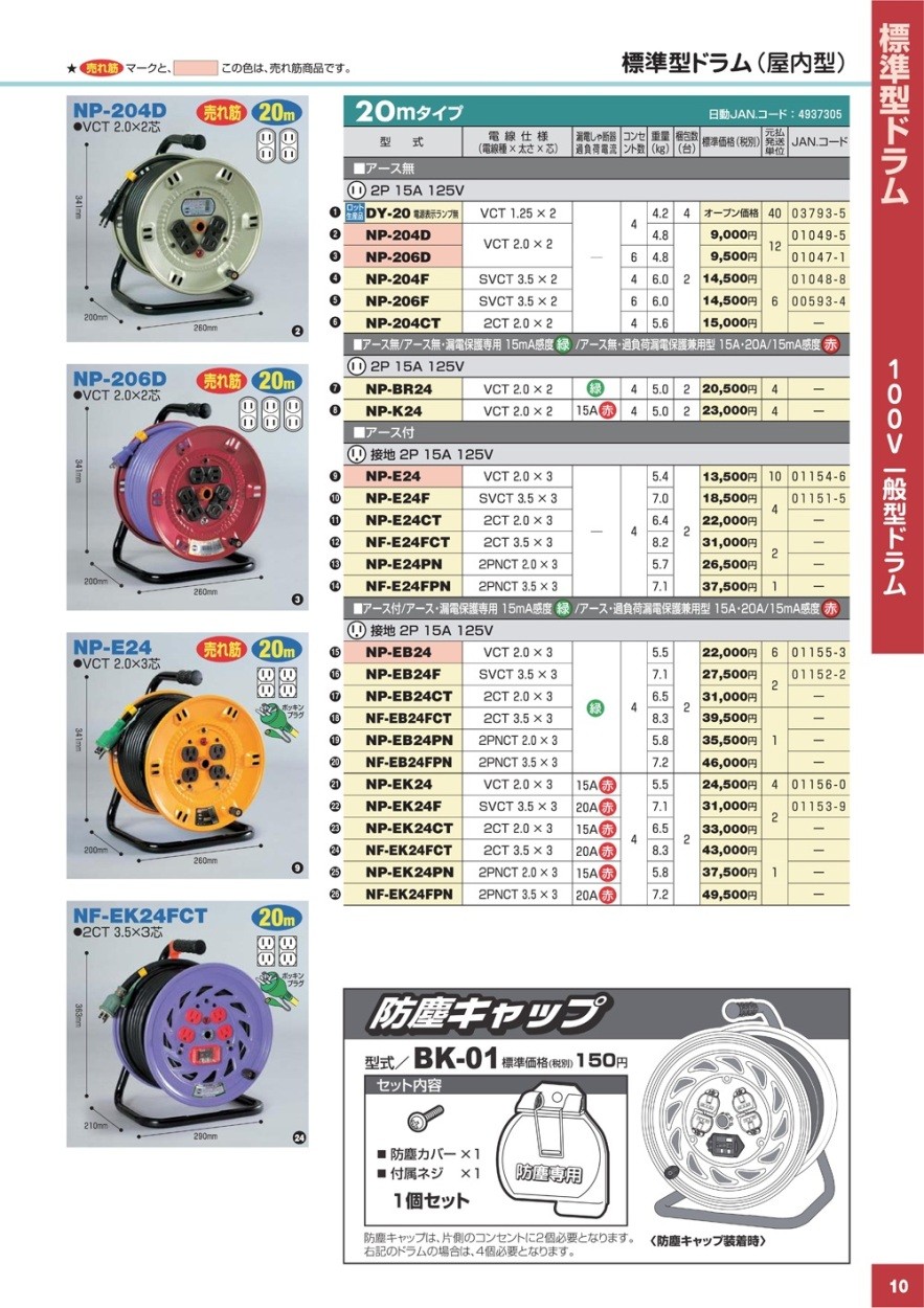 日動工業 標準型ドラム【屋内型】20m NP-204D : 79086327 : クニモト