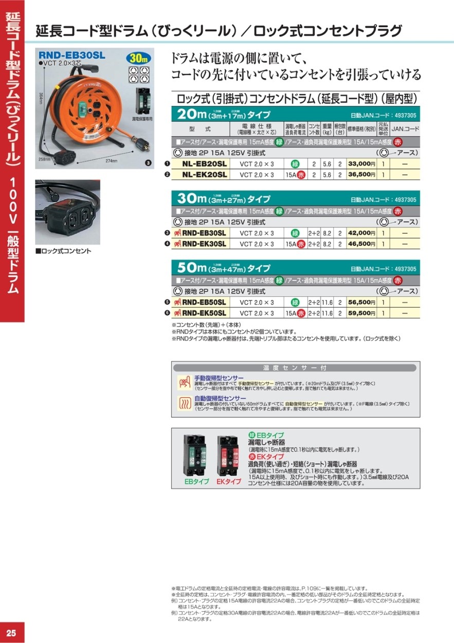 日動工業 ロック式延長コード型ドラム びっくリール屋内型30m アース