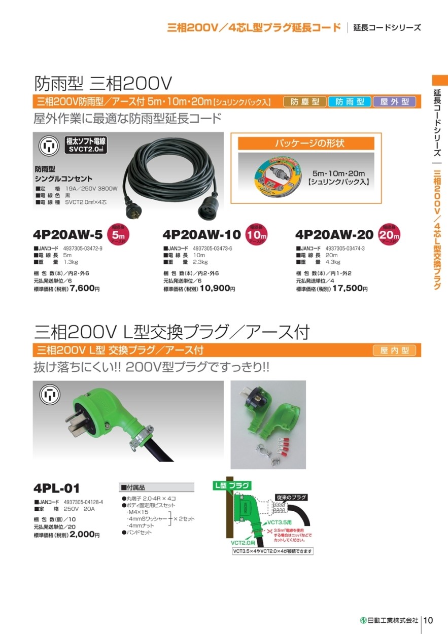 日動工業 三相200V防雨型延長コード シングルコンセント(20m) 4P20AW