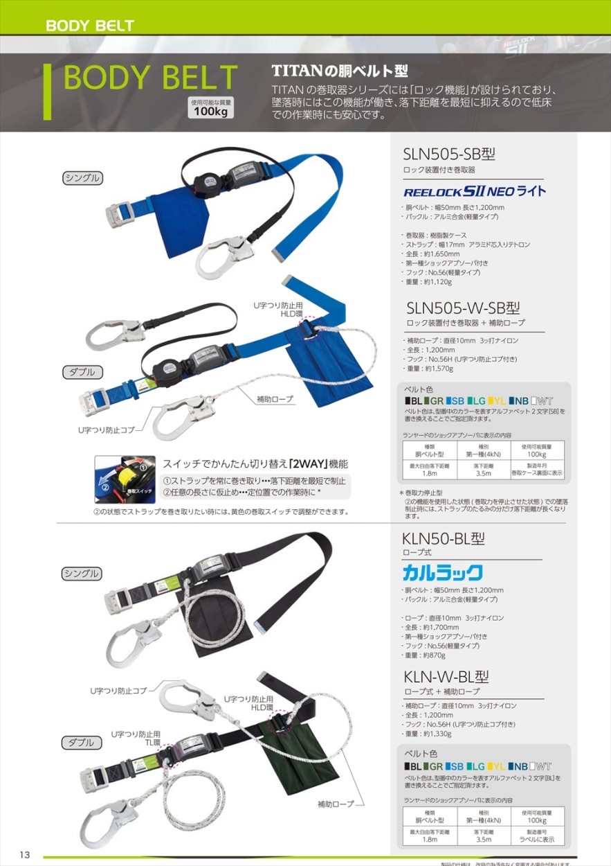 タイタン(サンコー) 胴ベルト型2丁掛け安全帯(ロープ式＋補助ロープ