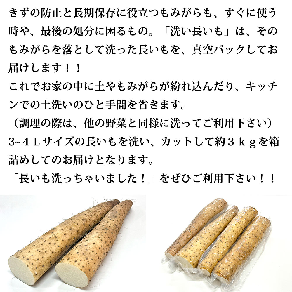 きずの防止と長期保存に役立つもみがらも、すぐに使う時や、最後の処分に困るもの。「洗い長いも」は、そのもみがらを落として洗った長いもを、真空パックしてお届けします！！これでお家の中に土やもみがらが紛れ込んだり、キッチンでの土洗いのひと手間を省きます。（調理の際は、他の野菜と同様に洗ってご利用下さい）3?４Ｌサイズの長いもを洗い、カットして約３ｋｇを箱詰めしてのお届けとなります。「長いも洗っちゃいました！」をぜひご利用下さい！！
