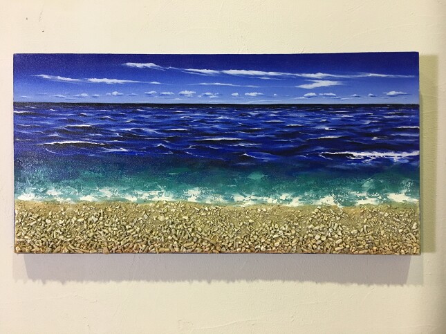 バリ島絵画 本物のサンゴの立体的な砂浜 波の絵 W100cm×H50cm (1154