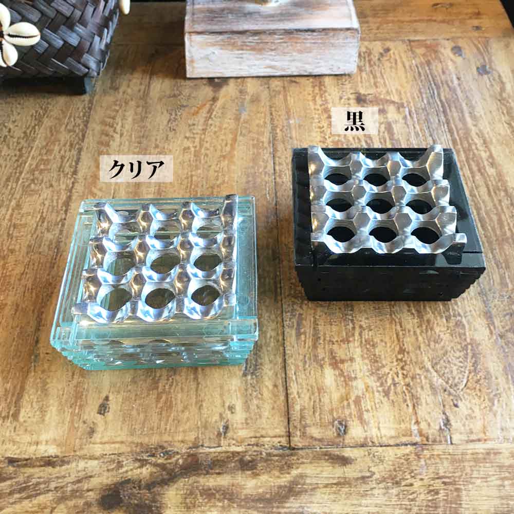 灰皿 ガラス アルミ 卓上灰皿 アッシュトレイ 喫煙具 バリ島製 タバコ