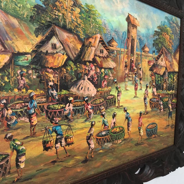バリの絵 風景画 村 市場の絵 村の門を囲んだ市場の絵 84×64cm