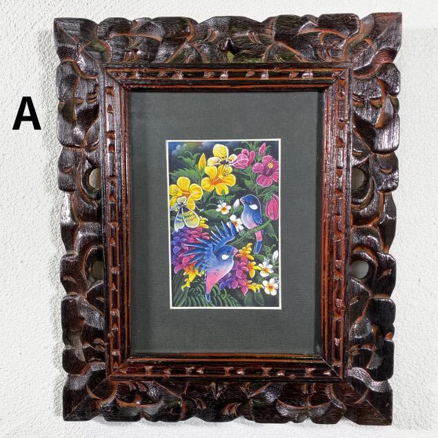 バリ絵画 花と鳥と蝶 2柄 W23.5×H28.5cm バリアート 額縁 絵
