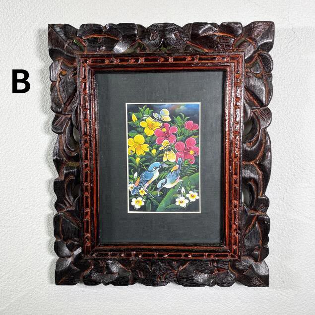 バリ絵画 花と鳥と蝶 2柄 W23.5×H28.5cm バリアート 額縁 絵