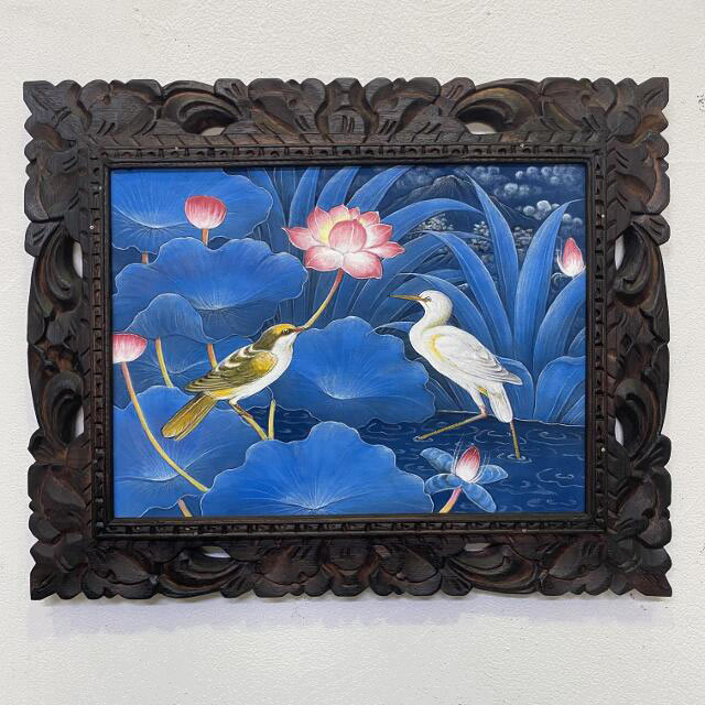 バリ絵画 ブンゴセカン 鳥の絵 鳥と蓮の花 ブルー W53×H43cm バリ