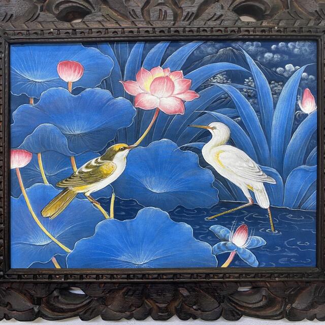 バリ絵画 ブンゴセカン 鳥の絵 鳥と蓮の花 ブルー W53×H43cm バリ