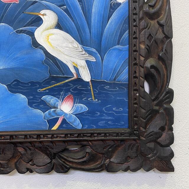 バリ絵画 ブンゴセカン 鳥の絵 鳥と蓮の花 ブルー W53×H43cm バリ 