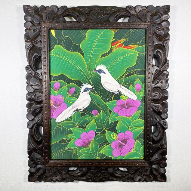 バリ絵画 ブンゴセカン 鳥の絵 ハイビスカス ピンク W43×H53cm バリアート 額縁 花鳥風月 インテリア バリ雑貨