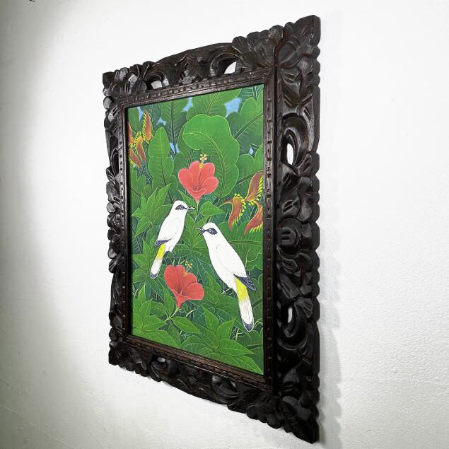 バリ絵画 ブンゴセカン 鳥の絵 ハイビスカス 赤 2柄 W43×H53cm