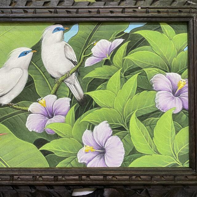 バリアート ブンゴセカン 鳥の絵 花 2柄 W63×H33cm バリ絵画