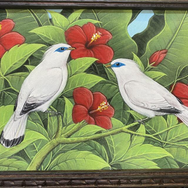 バリアート ブンゴセカン 鳥の絵 ハイビスカス 赤 W63×H33cm バリ絵画