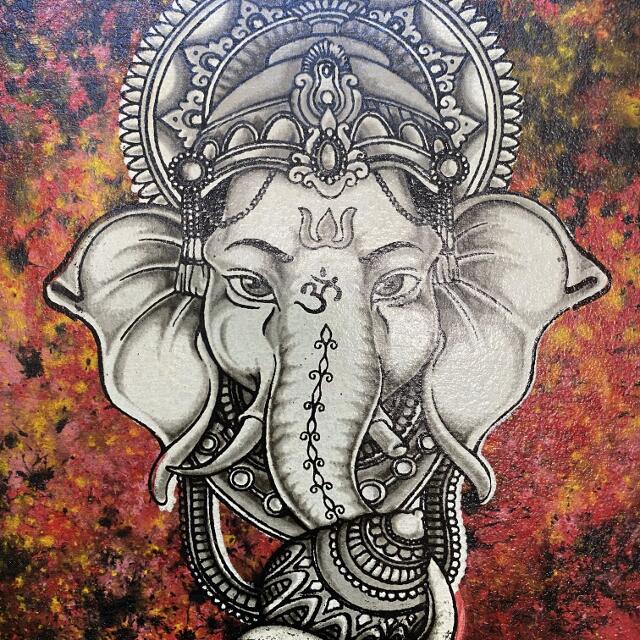 バリアート 神獣の絵 ガネーシャ 額付 W33×H38cm バリ絵画