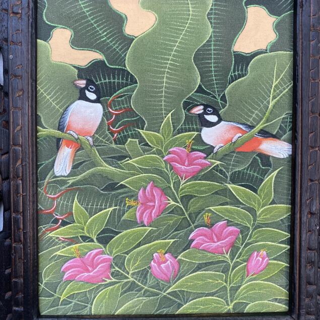 バリ絵画 ブンゴセカン 鳥の絵 花と鳥 2柄 W33×H38cm (1480