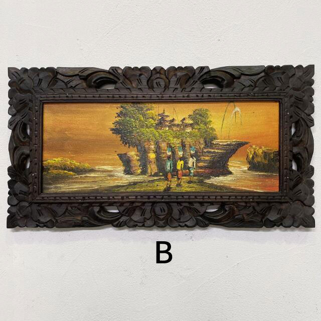 バリ絵画 風景画 タナロット寺院 サンセット 額付き W63×H33cm