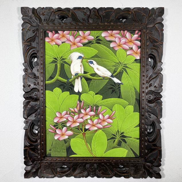 バリ島絵画 ブンゴセカン 鳥の絵 プルメリア W43×H53cm 花鳥風月 バリ