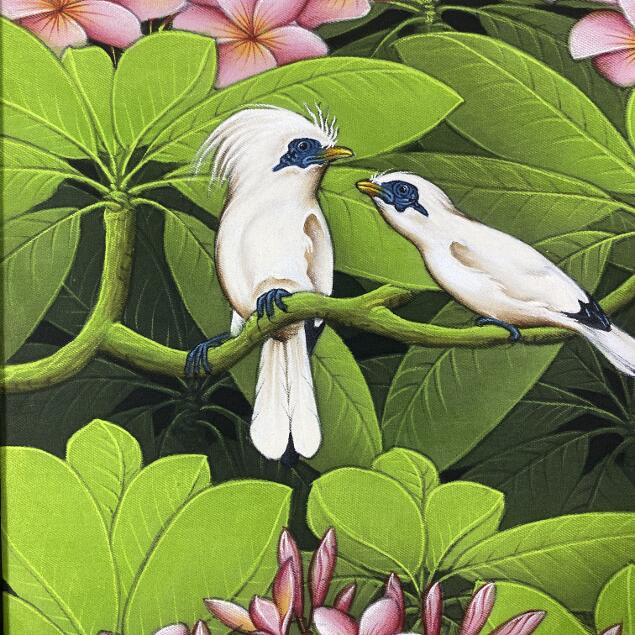 バリ島絵画 ブンゴセカン 鳥の絵 プルメリア W43×H53cm 花鳥風月