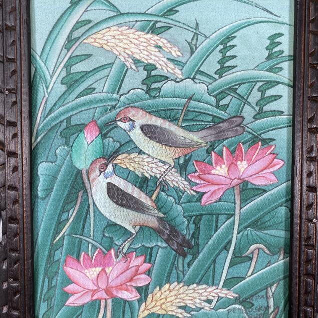 バリ絵画 ブンゴセカン 鳥の絵 蓮の花と稲穂 W33×H38cm 花鳥風月 バリ