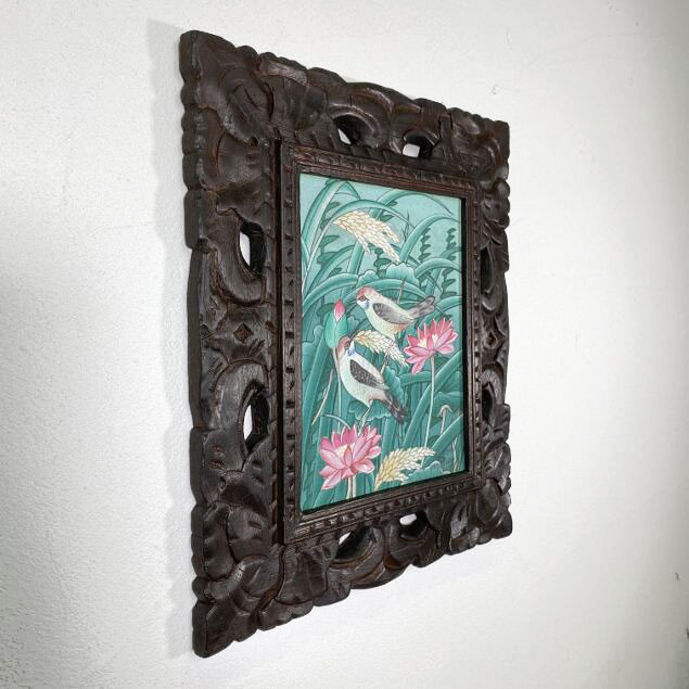 バリ絵画　蓮の花の絵画 木製フレーム付き バリ絵画 蓮の花の絵画 木製フレーム付き