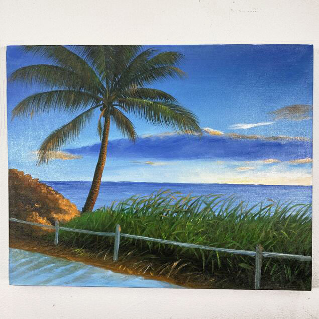 海の絵 海とヤシの木 海岸 W50×H40cm 波 アート イラスト バリ絵画