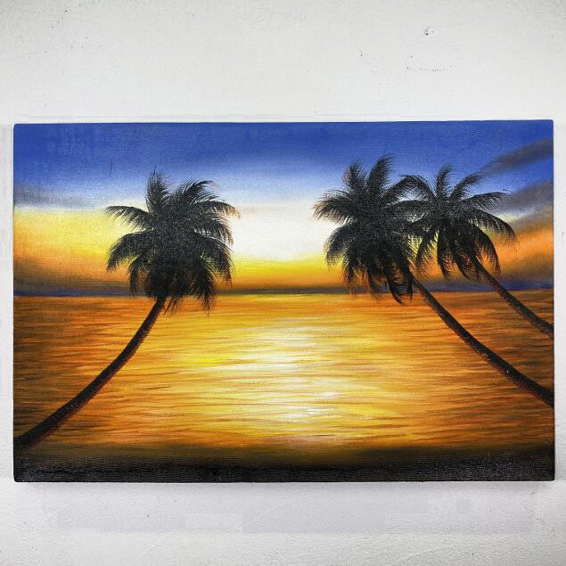 海の絵 ヤシの木 サンセット 絵画 W60×H40cm 波 バリ絵画 波の絵 バリ