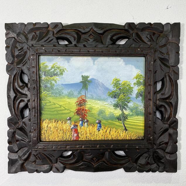 バリ絵画 風景画 稲刈りとバトゥール山 サンセット W63×H33cm 額付き 