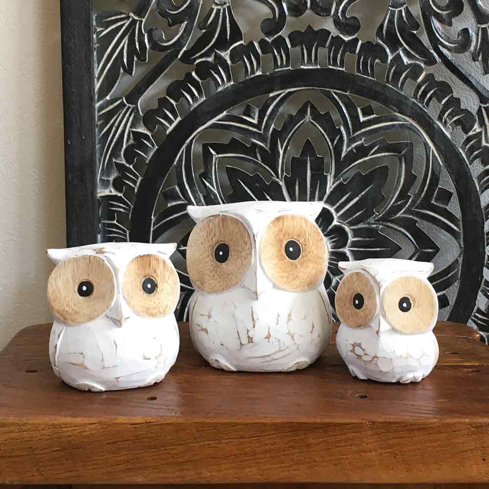木彫り フクロウ 3体セット 白 ホワイト インテリア 置き物 木製
