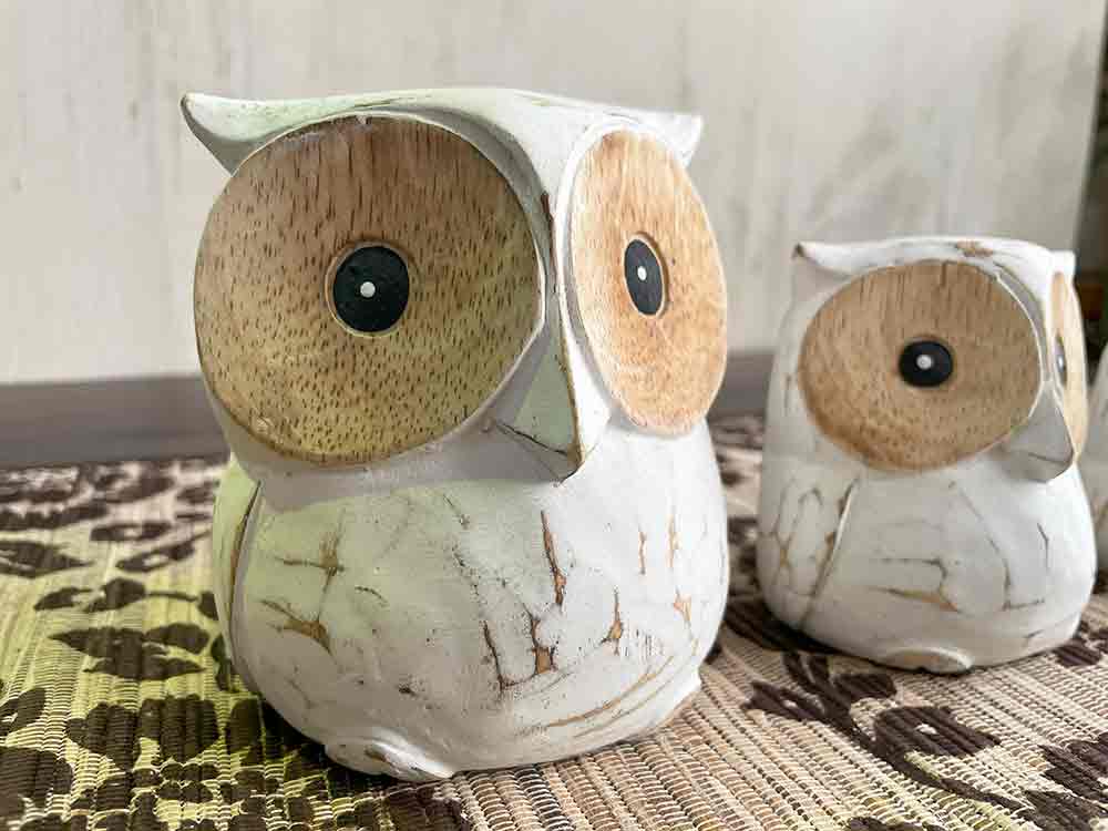 木彫り フクロウ 3体セット 白 ホワイト インテリア 置き物 木製